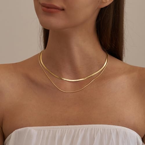 NECOCY 14K Gold Plated Necklaces for Women, Dainty Gold Herringbone Choker Necklace Thin Layered Snake Chain Jewelry for Gifts - color: 3MM 16"-GD Herringbone Necklace