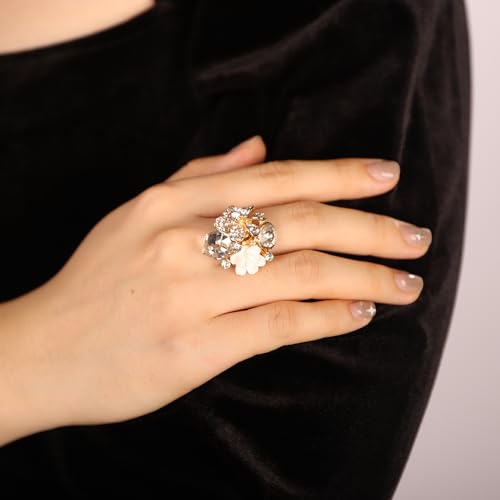 Jumwrit Shiny Crystal Flower Ring Statement Adjustable Open Band Wrap Finger Ring Square Rhinestone Floral Cocktail Ring Party Bridal Wedding Jewelry Vintage Boho Knuckle Ring for Women - color: Gold