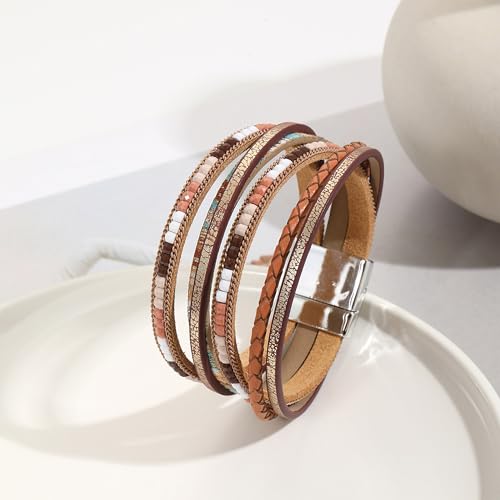 VIBILIA Boho Leather Wrap Bracelets for Women Multi-Layer Bracelets with Strong Clasp Jewelry for Women - color: 03-BohoBraid-Khaki