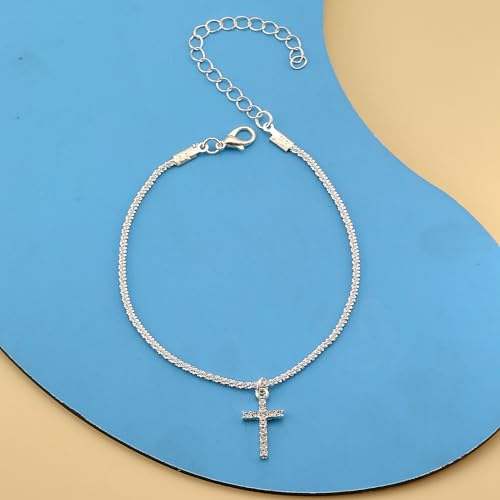Ankle Bracelets for Women Gold Silver Layered Glitter Anklet for Women Waterproof Beach Cross Anklet Set Dainty Summer Foot Jewelry - color: Cross Anklet