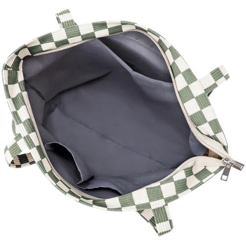 KALIDI Women Corduroy Tote Bag Zipper Casual Tote's Handbag Big Capacity Shoulder Bag with Pockets - color: Checkerboard Green