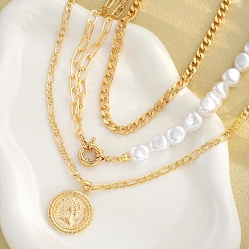 Gold Stack Necklace Chunky Necklaces for Women Trendy Coin Pendant Long Necklaces Western Jewelry for Women Cowgirl Cowboy Chic Country Outfit Boho Accessories Birthday Jewelry Gifts - color: A Layered Pearl Chain Coin Necklaces