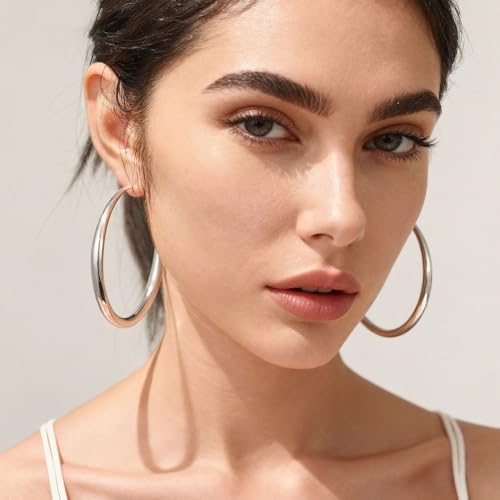EXGOX Sterling Silver Hoop Earrings - Hypoallergenic, Lightweight, Chunky, 14K Real Gold Plated, Big Large Hoops for Women - color: Chunky&Silver hoop 70mm