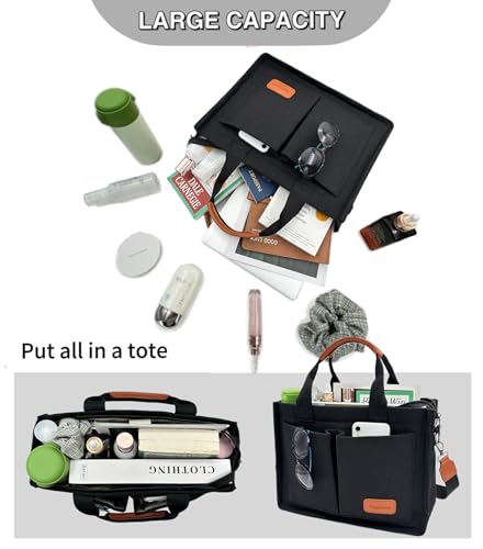 Large Canvas Tote Bag for Women Work Tote Bags with Pockets Laptop Crossbody Purses Everyday Bag Handbags for Travel - color: New Upgrade Plus Black