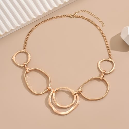 Chunky Gold Statement Necklace for Women, Big Geometric Circle Link Chain Collar Bold Fashion Chunky Trendy Metal Statement Jewelry Gift - color: Gold