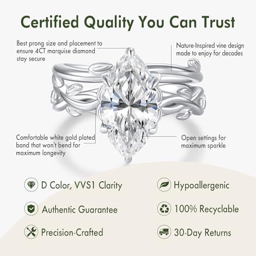 4CT Moissanite Marquise Engagement Ring Set for Women, Vintage Vine D Color VVSI 14K Gold Plated Promise Wedding Band, Bridal Festival Gift with Certificates - color: White Gold, size: 7