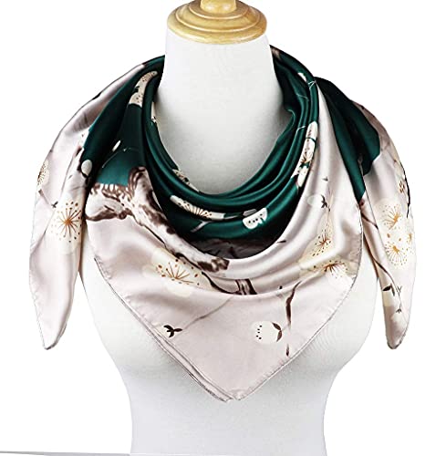 vabovin Satin Head Scarf for Women Silk Like Hair Scarf, 35 x 35 in | Silk Feel Fabric, Hair Wrap for Sleeping, Headscarf and Neck Scarf, Square Bandana Style, Fashion Accessory - color: 041 Gree Plum Blossom