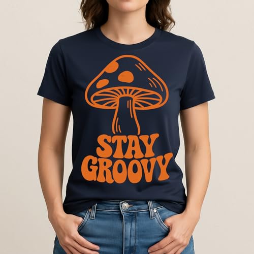 Stay Groovy Mushrooms T-Shirt– Retro Aesthetic Apparel – 100% Cotton Unisex Tee - color: Navy, size: Medium