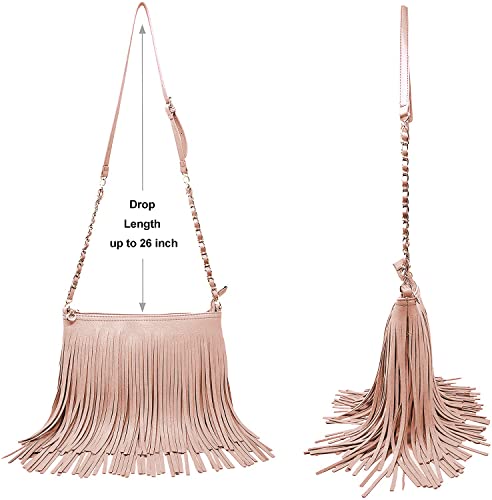 Solene Fringe Crossbody Shoulder Bag with Strap, Tassel Messenger bag, Country Style Western Fringe Purse for Women - color: Rose Pink