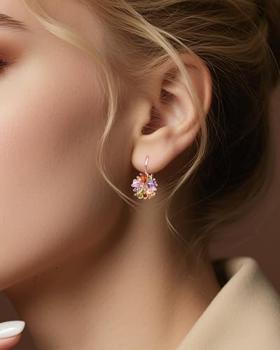 Vintage 14K Gold Plated Flower Birthstone Earrings - Hypoallergenic Leverback Floral Earrings, Trendy Jewelry Gifts for Women - color: Colored