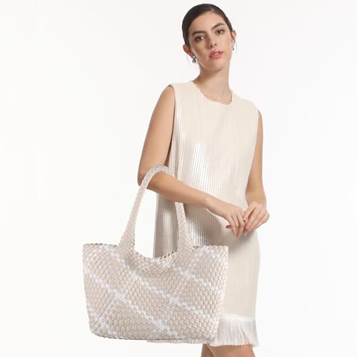 Woven Tote Bag Womens Purse Vegan Leather Shoulder Handbags Fashion Summer Beach Tote Bags Large Travel Totes - color: Beige-w