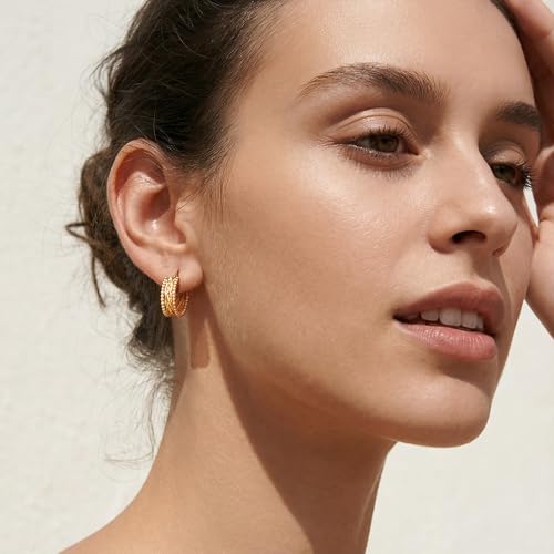 NEARLAND Gold Hoop Earrings 14K Gold Earrings for Women Gold Hoop Earrings for Womens Hoops Twisted Lines with Beaded Textures for Dimensional Look Hoops Earring for Womens