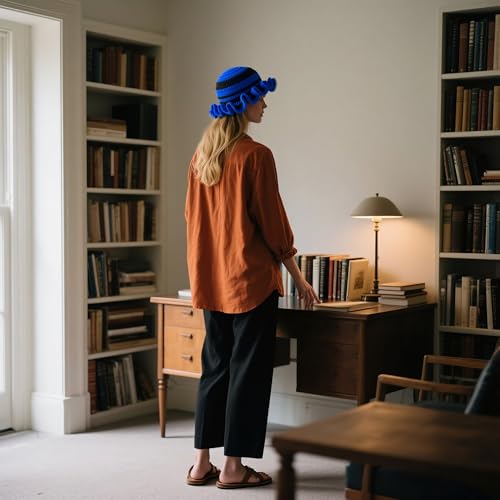 Handmade Crochet Bucket Hat for Women Boho Chic Slouchy Design Colorblock Ruffled Brim Festival&Daily Crochet Hat - color: Black and Blue Stripe