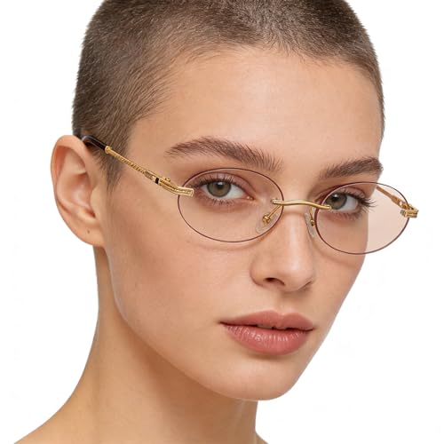 Retro Oval Sunglasses Rimless Small Round Glasses Frameless UV400 Men Women Fashion Shades - color: 2pack (Blue + Champagne)