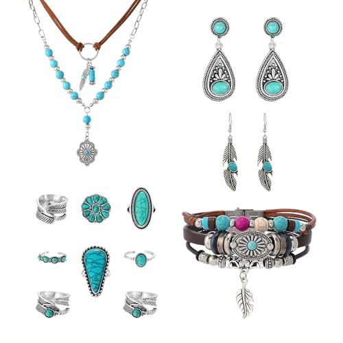 Western Jewelry Set for Women Bohemian Turquoise Layered Pendant Necklace Vintage Western Boho Turquoise Earring Leather Bracelet Ring Set Country Cowgirl Accessories Jewelry - style: 12 PCS Western Jewelry