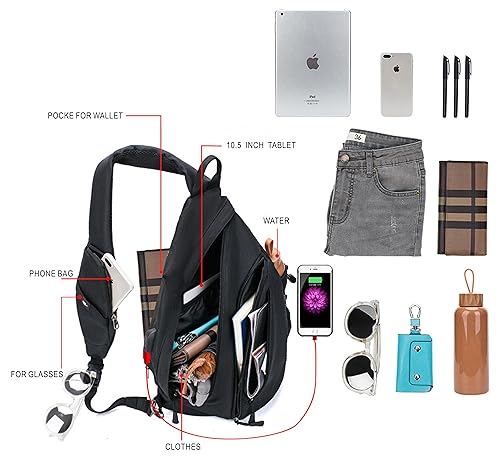 TurnWay Water-Proof Sling bag/Crossbody Backpack/Shoulder Bag with USB Charging Port for Travel, Hiking, Cycling, Camping - color: Black