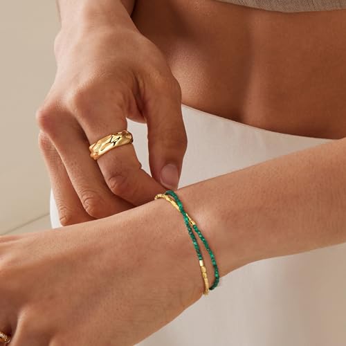 Fettero Beaded Bracelets for Women Charm Natural Stone Handmade Beads White Gold Plated Dainty Gold Bracelets Non Tarnish Boho Summer Beach Vacation Jewelry - color: Green Square-Malachite