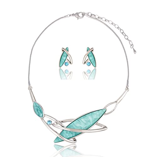 AMYJANE Vintage Statement Jewelry Set - Spring Leaf Flower Floral Plant Necklace Earring Set Crystal Rhinestone Fashion Costume Jewelry for Women Prom Party Unique Gift - style: ML Geometric Jewelry Set-Aquamarine
