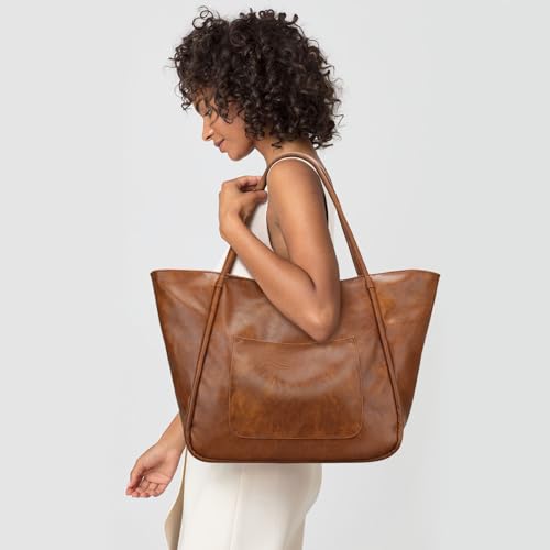 KKXIU Large Tote Bag for Women with Zipper Work Leather Travel Purse and Handbags - color: Dark Brown