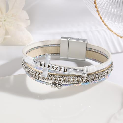 Turquoise Leather Wrap Bracelet for Women Cross Boho Beaded Stack Wrap Cuff Bracelets Stackable Crystal Bangle With Gold Silver Bohemian Jewelry Gift - color: green