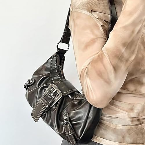 Y2K Trendy Purse for Women, Leather Buckle Punk Hobo Clutch Purses Bags for Ladies Top Handle Shoulder Bag - color: Deep Brown
