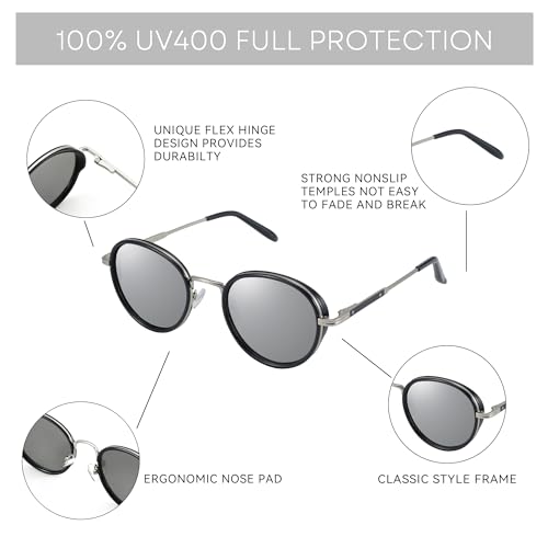 ZENOTTIC Retro Round Polarized Steampunk Sunglasses for Men Women-Circle Vintage Design Metal Frame UV400 Shades - color: C01 Silver Frame Silver Lens