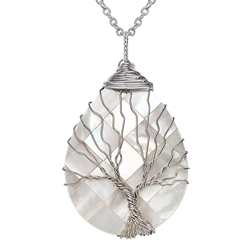 sedmart Tear Drop Abalone Shell Pendent Necklace Wire Wrap Abalone Shell Tree of Life Pendant Necklace Fashion Necklace Jewelry for Women handmade necklace mothers day necklace for mom jewelry - color: A5 White Abalone
