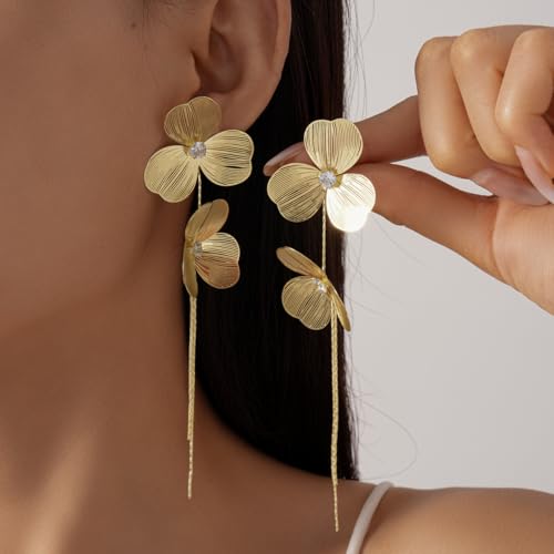 Gold Flower Dangle Long Tassel Earrings for Women Boho Large Metal Drop Hollow Flower Earrings Layered Floral Petal Jewelry - color: Gold