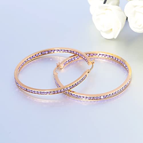 CiNily Mult-colors Crystal Stainless Steel Hoop Earring for Women Hypoallergenic Jewelry for Sensitive Ears Large Big Hoop Earrings 2" - color: Gold-Purple