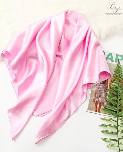 Hioyiwse Satin Square Scarf for Women Solid Color Emulation Silk Handkerchief Hair Ribbon Headband Handbag Purse - color: D8-pink(23.6*23.6inch)