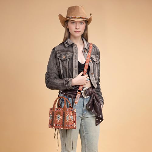 Wrangler Mini Aztec Tote Bag for Women Boho Small Top Handle Purse with Adjustable Strap - color: Boho Brown