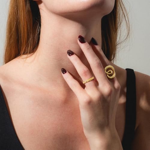 KissYan Adjustable Open Ring for Women, 14K Gold Plated Vintage Statement Leaf Pattern Band Ring with CZ, Dainty Trendy Jewelry Gift - style: Style1