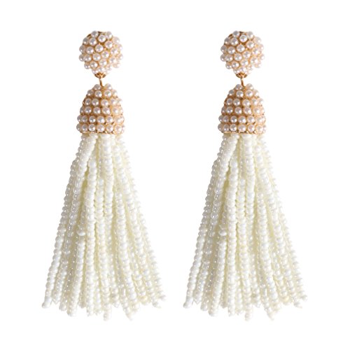 NLCAC Women's Beaded tassel earrings Long Fringe Drop Earrings Dangle 6 Colors - color: pearl