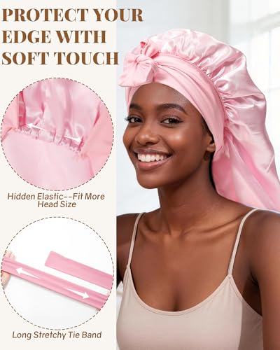 AWAYTR Long Satin Bonnet for Braids - Elastic Silk Hair Bonnets for Sleeping Night Cap Stretchy Tie Band for Women（Pink） - color: Pink