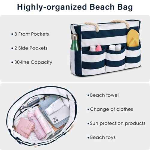 Becokan Beach Bags for Women Canvas Large Beach Tote Bag Zipper Waterproof Sandproof Foldable Swim Pool Bag with 7 Pockets - color: Dark Blue