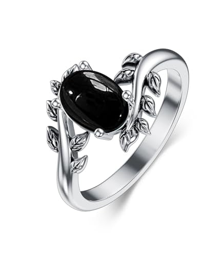 Genuine Turquoise Ring for Women Western Oval Gemstone Jewelry 925 Sterling Silver Leaf Bohemian Boho for Her Wife Mom - color: Black Onyx