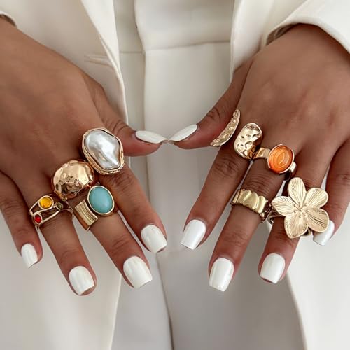 Gold Rings for Women Non Tarnish Stackable Rhinestone Moon Star Rings Dainty Stacking Pearl Butterfly Midi Pinky Thumb Joint Finger Knuckle Ring Set Gold Non Tarnish Jewelry Gifts Trendy Stuff - color: T Chunky Gold Rings 8Pcs