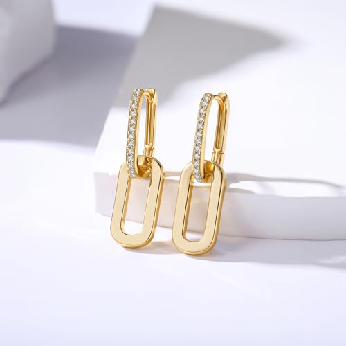 14K Gold Plated Paperclip Earrings For Women Trendy Link Huggie Hoop Earrings Silver Chain Statement Drop Dangle Earrings with Cubic Zirconia Jewelry Gifts For Her Gold - color: Gold