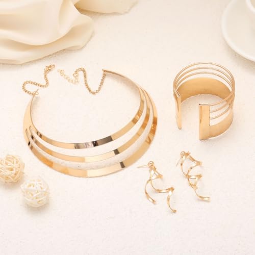 African Choker Necklace Bracelet Earrings Set for Women Dainty Chunky Gold Hoop Choker Necklace Wide Cuff Bangle Bracelets Exaggerated Ethnic Statement Jewelry Set for Women - style: AA