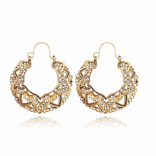 Boho Antique Carved Flower Dangle Drop Earrings for Women Vintage Retro Handmade Hollowed Antiqued Bronze Floral Shaped Geometric Gold Silver Plated Hoop Earrings for Ethnic Style Jewelry Gifts - color: Big gold flower