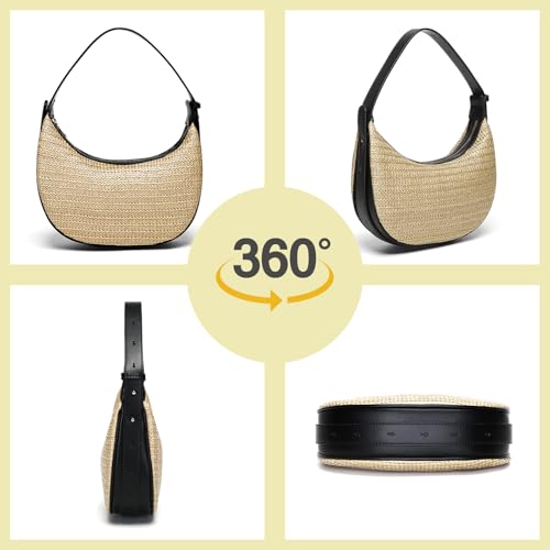 Herald Straw Crossbody Bag for Women Beach Woven Hobo Handbag Summer Chic Crescent Shoulder Purses with Adjustable Strap - color: Black