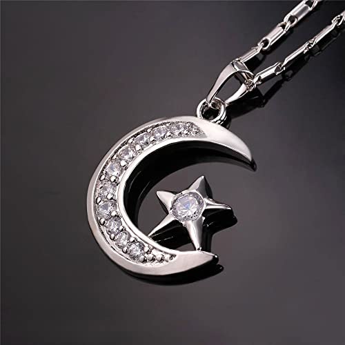 U7 Allah Necklace for Women/Men, 18K Gold Plated Square/Oval/Coin/Heart/Crescent Moon Islamic Pendant Necklace Muslim Jewelry with Chain - color: 01.Crescent Moon platinum
