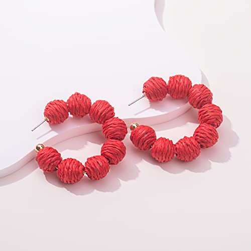Raffia Hoop Earrings Statement Boho Beaded Earrings Cute Rattan Handmade Colorful Jewelry for Women Unique Summer Outfits - color: Red