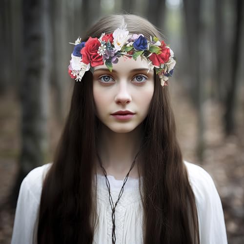 Vivivalue Wedding Floral Crown Women Flower Headband Hair Wreath Floral Headpiece Halo Boho with Ribbon Party Prom Festival Photos - color: D