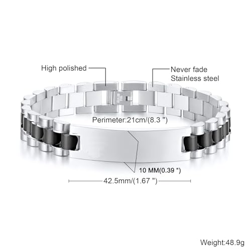 Custom Mens Bracelet Personalized Watch Band Engraved Name Bracelets for Men Customized ID Cuff Wristband Gift for Dad Husband - style: Silver&Black-1.0cm