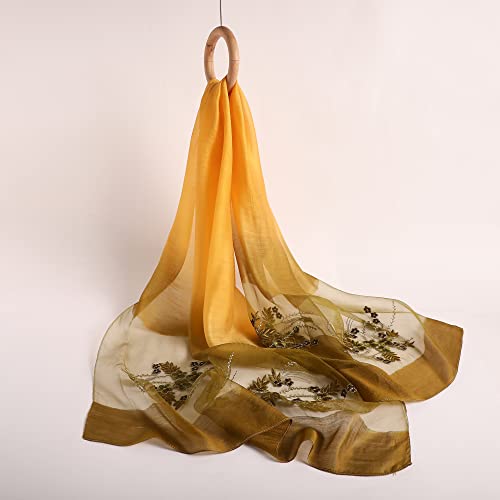 WINCESS YU Women Mulberry Silk Scarf Long & Large Embroidered Floral Pattern Shawl and Wraps Neckerchief for Hair & Neck - color: Gradient Yellow