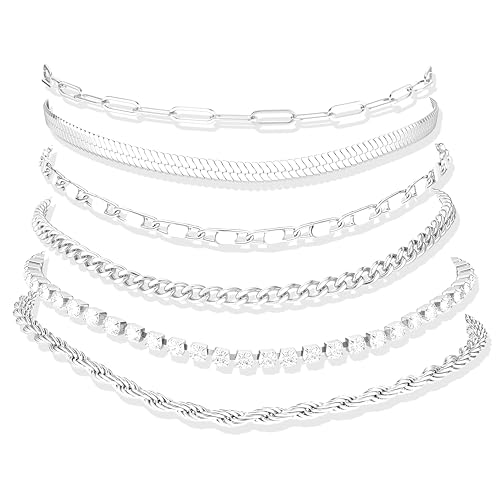 Besteel Ankle Bracelets for Women Waterproof - 14K Gold Plated Non Tarnish Layered Cuban Link Chain Rope Figaro Herringbone Anklets Set Plus Size Anklet Summer Foot Jewelry Gift Adjustable 8-12 Inch - style: 6 Pcs Silver Tennis-8.5+2.5 Inch