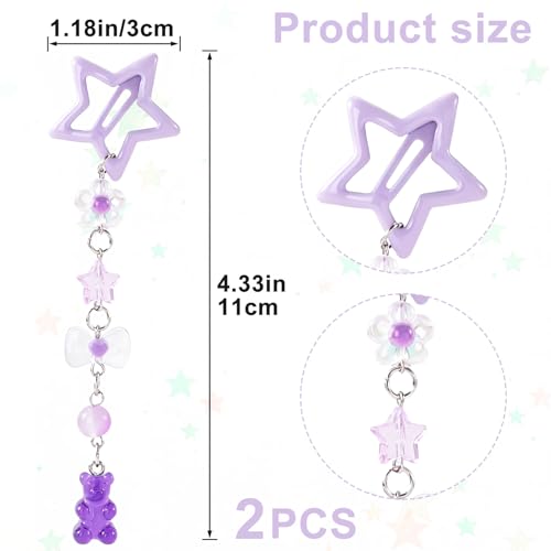Pndeyo 2pcs Star Tassels Hair Clips for Women, Bow Bear Non-Slip 2000s Y2k Snap Barrettes, Cute Star Beaded Pendant Pin Accessories for Braid Long Short Thin Thick Hair- Purple - color: Purple-B Style