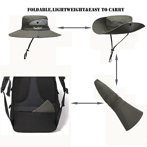Womens Summer Sun Hat Beach Hat Wide Brim Outdoor UV Protection Hat Foldable Cool Mesh Ponytail Bucket Hat - color: Pure Army Green