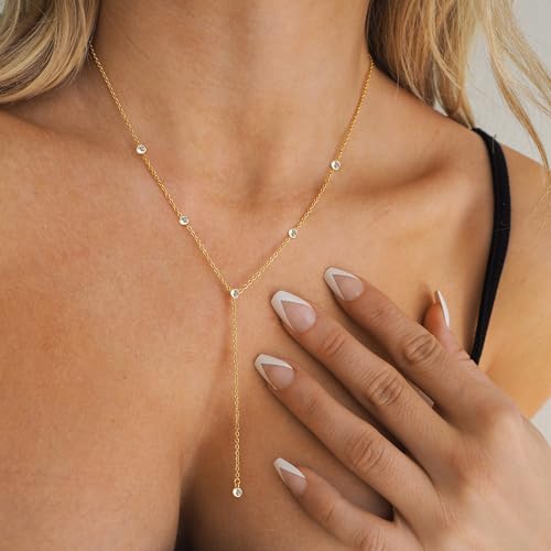 Gold Necklace for Women - Dainty Long Lariat Necklace 14K Gold Plated Clover Star Teardrop CZ Y Shaped Drop Necklaces Cute Long Necklaces for Women Trendy Prom Formal Womens Jewelry - color: Gold-CZ Choker